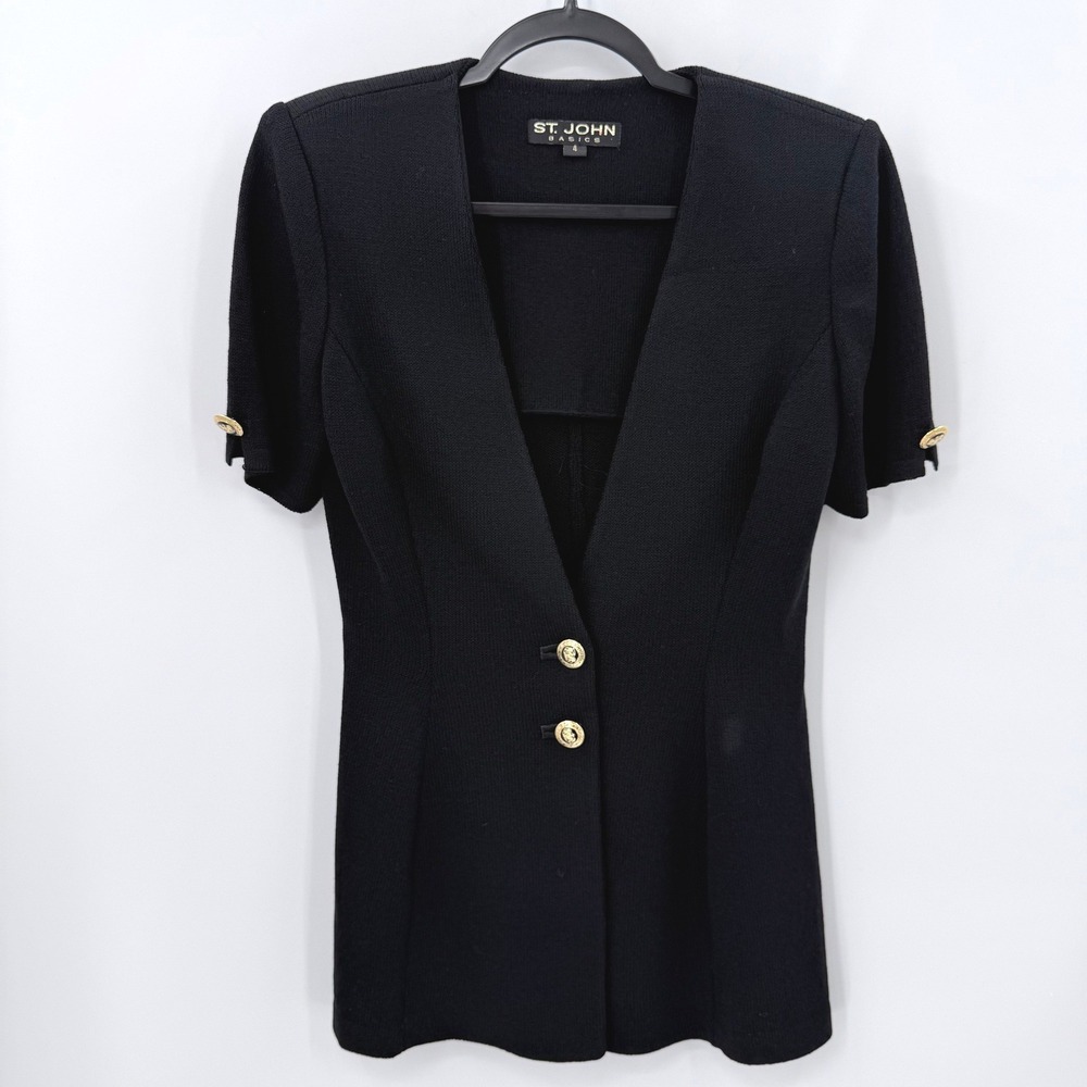 St John Basics Black Santana Knit Short Sleeve Cardigan Gold Crest Buttons Sz 4‎